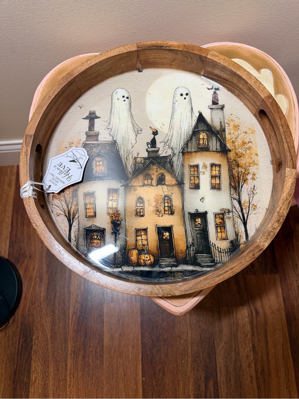Hallow’s Eve Halloween Wooden Round Tray with Haunted Houses & Ghosts
